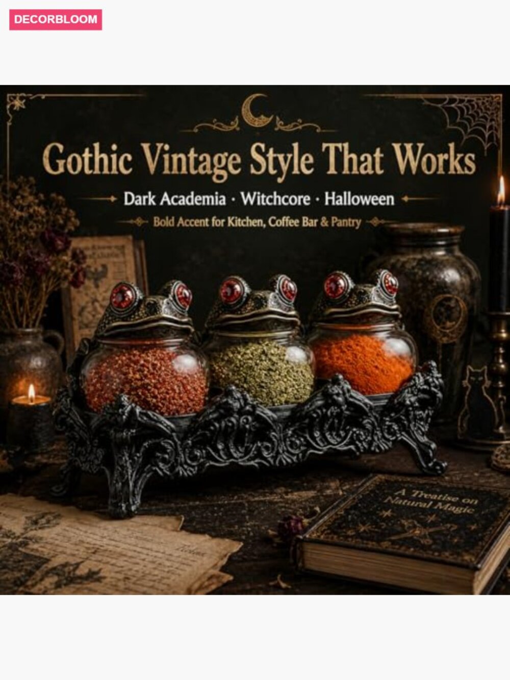 Gothic Spice Jars Set with Frog Lids & Stand - Picture 4 of 7